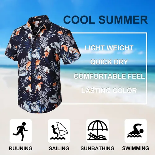Vista 5 de Camisas hawaianas para hombre, manga corta, floral, tropical, Aloha, casual, para verano, con botones, para vacaciones, playa, con bolsillo