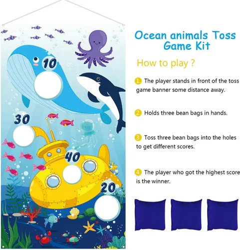 Vista 3 de Blulu Cartel de juegos de lanzamiento de animales del océano con 4 bolsas de frijoles, juego de lanzamiento, para interiores y exteriores, delfín