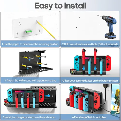 Vista 5 de Soporte de pared para interruptor con cargador, kit de montaje en pared para interruptor Joy-Con, estación de acoplamiento de carga para interruptor