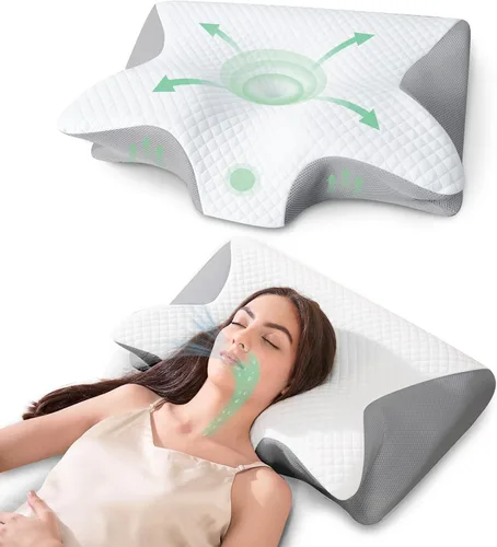 Vista 10 de Almohada cervical de espuma viscoelástica, almohada ergonómica 2 en 1 de apoyo para el cuello con reposabrazos y orificio para las orejas, almohada