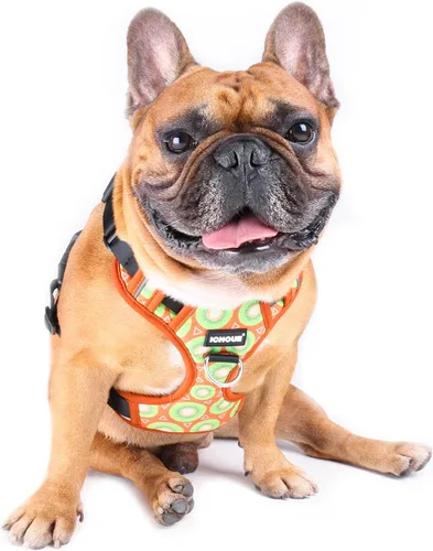 Vista 31 de iChoue Arnés para bulldog francés, ajustable, acolchado, hebilla bloqueada con asa para perros carlino francés, Boston Terrier inglés, azul, talla S