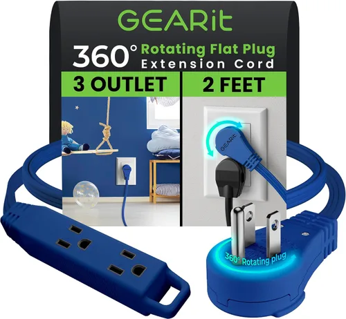 Vista 36 de GEARit Cable de extensión de enchufe plano giratorio de 360° de 3 pies, cable de alimentación de perfil bajo de 3 salidas, ahorro de espacio