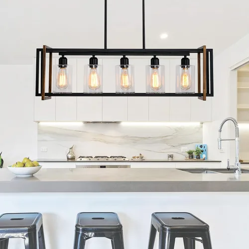 Vista 7 de Lámpara de comedor, lámparas negras de 5 luces para comedor, iluminación de isla de cocina de granja, luces colgantes para isla de cocina, lámpara