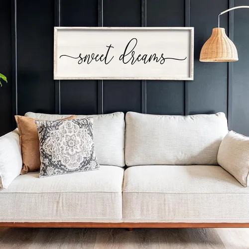 Vista 6 de Decoración de pared de Dulces Sueños sobre la cama de 32"×12" para dormitorio principal, gran letrero de Dulces Sueños, decoración de pared