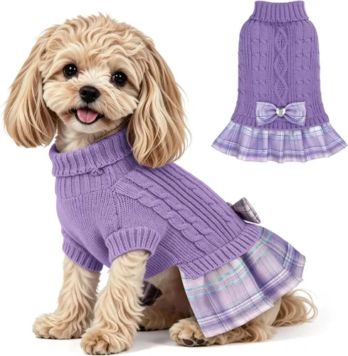 Vista 10 de WOYYHO Vestido de suéter para perro pequeño con corbatín, ropa de perro de Rosa polvoriento