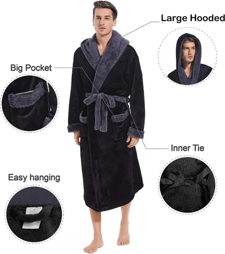 Vista 4 de Inner Wish Bata con capucha para hombre, bata de baño larga de felpa, acogedora y cálida, bata de spa con bolsillos
