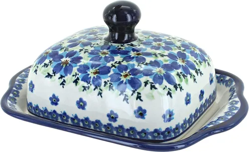 Vista 3 de Blue Rose Polish Pottery – Mantequillera cuadrada de tulipán azul – Se adapta a 1 barra – Mantequera para organización y almacenamiento de encimera