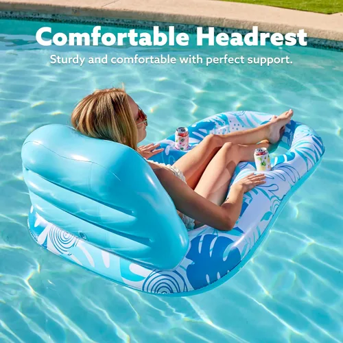 Vista 2 de Sloosh Flotadores inflables para piscina, tumbona para adultos, flotador de piscina flotante, silla reclinable flotante con portavasos y reposapiés
