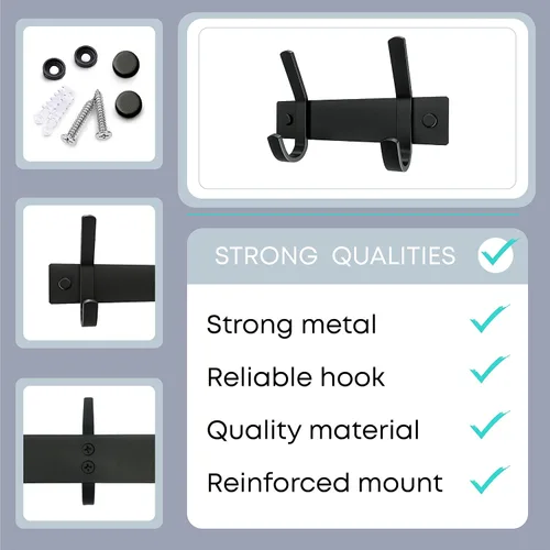 Vista 3 de Perchero de Abrigos Pequeño Negro Mate para Pared – Riel de Ganchos de Acero Inoxidable de 6 Pulgadas con 2 Ganchos Dobles para Abrigos