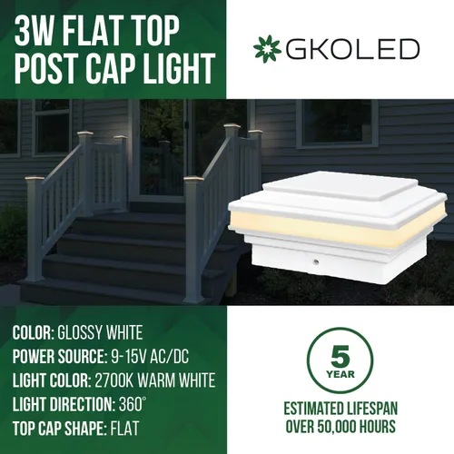 Vista 2 de GKOLED Luz de poste de tapa plana, 9-15V AC/DC 3W IP65 impermeable para exteriores, iluminación de cubierta LED de 2700K para postes de 3.5x3.5 4x4