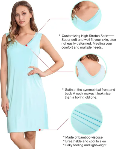 Vista 4 de WiWi Camisón de viscosa de bambú para mujer, ropa de dormir sin mangas, cuello en V, talla grande, tallas S-4X