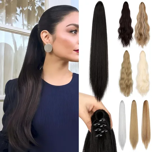 Vista 11 de Extensión de cola de caballo de 22 pulgadas y 24 pulgadas de largo, ondulado y lacio, extensiones de cabello sintético de aspecto natural