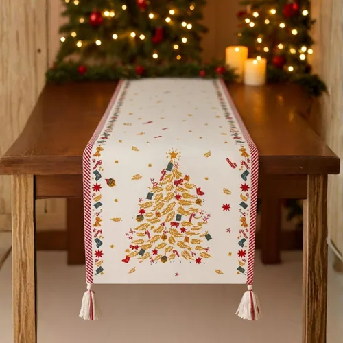 Vista 12 de Folkulture Camino de mesa de Navidad de 90 pulgadas de largo para decoraciones de Navidad de interior para el hogar, camino bohemio 100% algodón