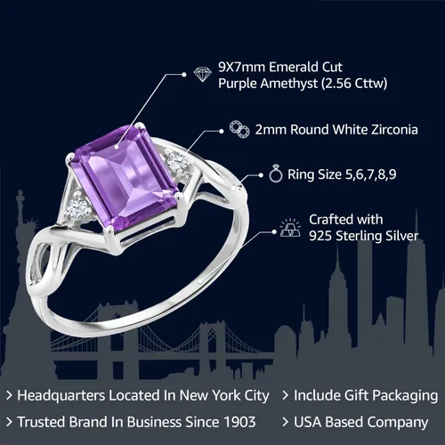 Vista 2 de Gem Stone King Anillo de plata de ley 925 con amatista púrpura para mujer