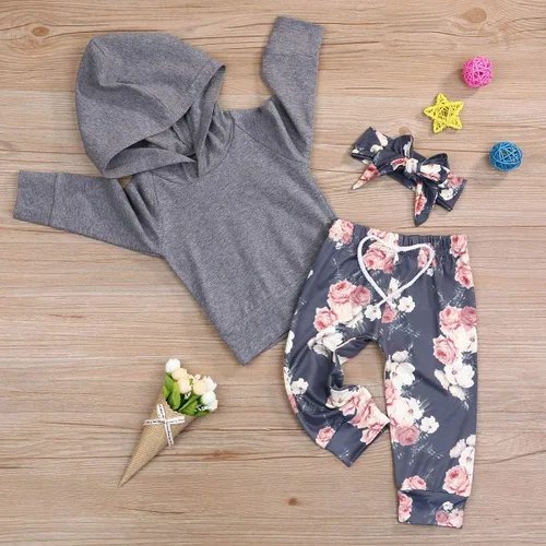 Vista 2 de YOUNGER TREE Ropa de bebé niña con capucha de manga larga con pantalones florales con diadema conjuntos de 3 piezas