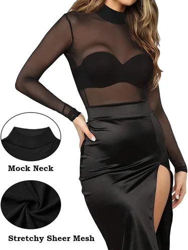 Vista 4 de Blusa de manga corta o larga para club, pura malla traslúcida, estilo body