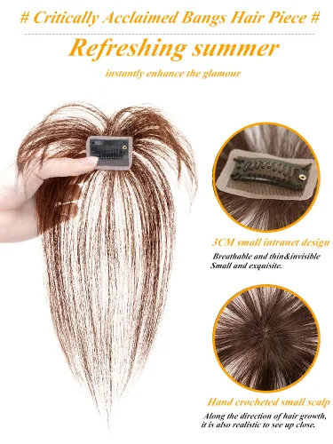 Vista 3 de Flequillo de aire de cabello humano atado a mano de 6 pulgadas con patillas largas, una pieza, extensiones de cabello humano con flequillo