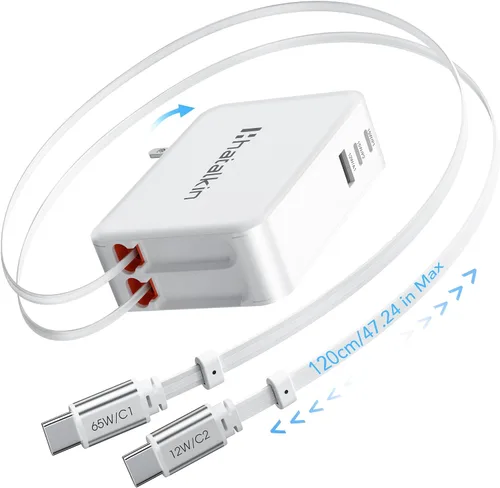 Vista 10 de 65W para cargador MacBook Pro, enchufe de pared retráctil de 5 en 1 para iPhone 17, cable PD USB C de 1,2 m de doble longitud y 3 puertos, bloque