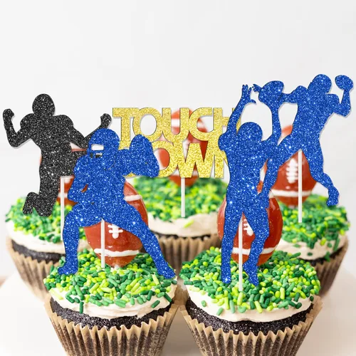 Vista 8 de 24 decoraciones de fiesta de fútbol con purpurina para cupcakes, decoración de fiesta de cumpleaños, decoración de pastel de rugby para jugadores