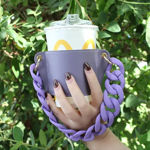 Vista 13 de Soporte de cuero de lujo para bebidas con mango de bebidas, soporte reutilizable para tazas de café de viaje, soporte de taza de cadena de metal