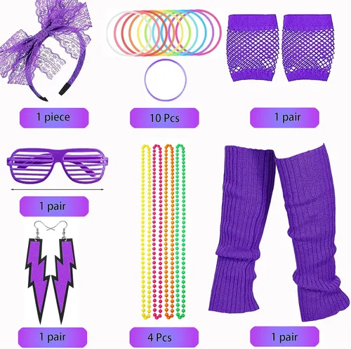 Vista 2 de Accesorios de los años 80 Diadema de encaje, guantes, calentadores de piernas, collar para mujer
