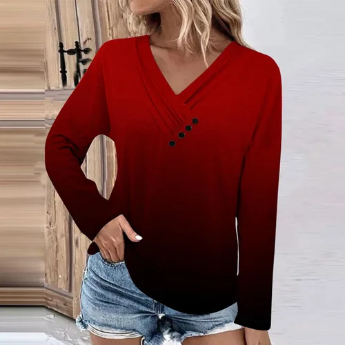 Vista 2 de Camisa de manga larga con cuello en V para mujer, camiseta con estampado degradado, suave, ligera, con botones, para otoño, sudaderas básicas