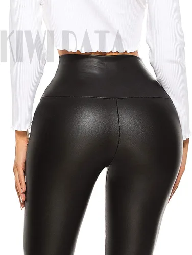 Vista 5 de KIWI RATA - Leggings de piel sintética de poliuretano, cintura alta, para mujer, con levantamiento de glúteos, color negro, sexy, para deportes