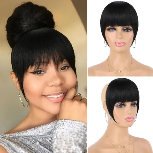 Vista 13 de Peluca rizada con flequillo corto afro para mujeres negras, G&T Wig, rizos esponjosos, flequillo clip-in (1B, flequillo simple)