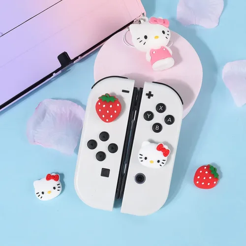 Vista 3 de DLseego Strawberry & Cat - 4 tapas de agarre para el pulgar para interruptor regular, interruptor LiteSwitch OLED Joy Con Joystick de silicona