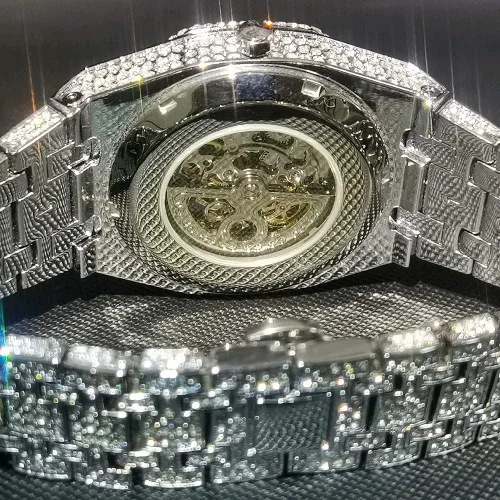 Vista 8 de ICEDIAMOND 43MM Iced Out Openwork Mechanical Automatic Wrist Watch, Full Shiny CZ Diamond Hand-Winding Skeleton Dial Luxury Watch for Men