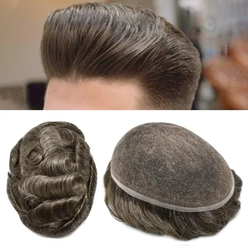 Vista 69 de Completo suizo encaje tupé para hombres pieza de pelo real sistema de reemplazo de cabello humano para hombres Toupee Hairpieces para hombres 7x9