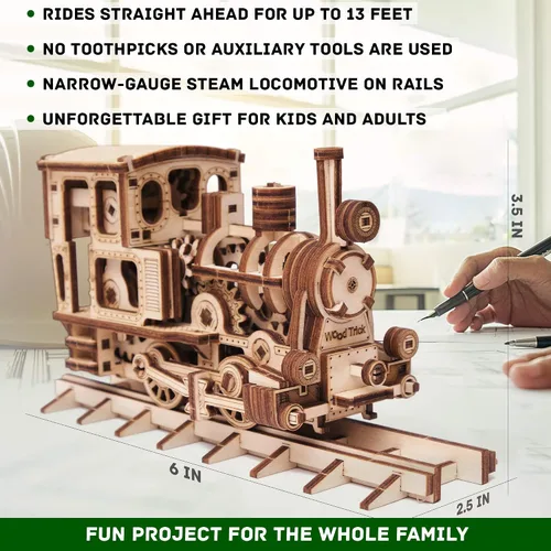 Vista 3 de Wood Trick Train - Rompecabezas de madera 3D para adultos y niños para construir, 6 x 4 pulgadas, kit de modelo de locomotora para adultos y niños