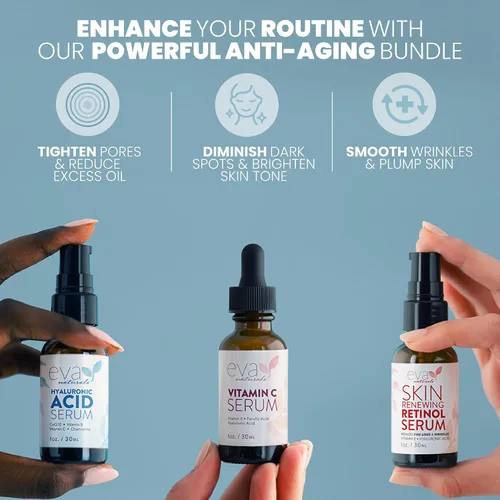 Vista 2 de Set de Suero Antienvejecimiento Eva Naturals – Sueros de Vitamina C, Retinol y Ácido Hialurónico para el Rostro, Paquete Hidratante para la Piel