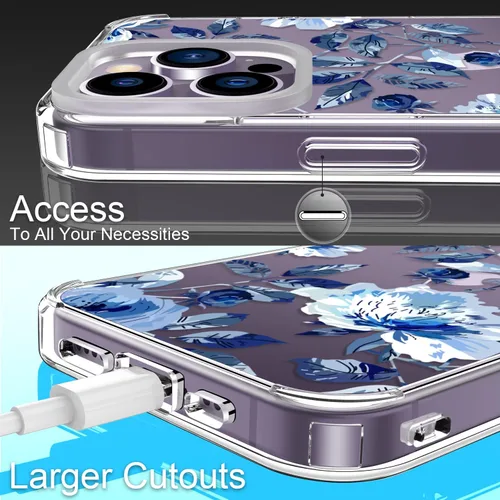 Vista 5 de Funda para iPhone 14 Pro con protector de pantalla, 6.1 pulgadas, transparente de cuerpo completo, a prueba de golpes, diseño floral, para niñas