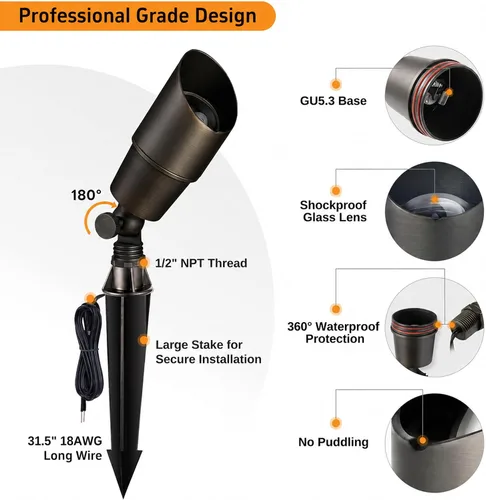 Vista 9 de Gardenreet Focos de Paisaje de Bajo Voltaje - Luz Ascendente LED de Latón para Exteriores 12V, Focos con Cable IP65 Impermeables, Bronce Antiguo