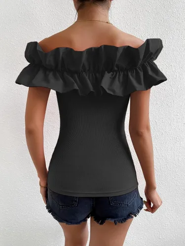 Vista 2 de OYOANGLE Blusa de manga corta con volantes y hombros descubiertos para mujer