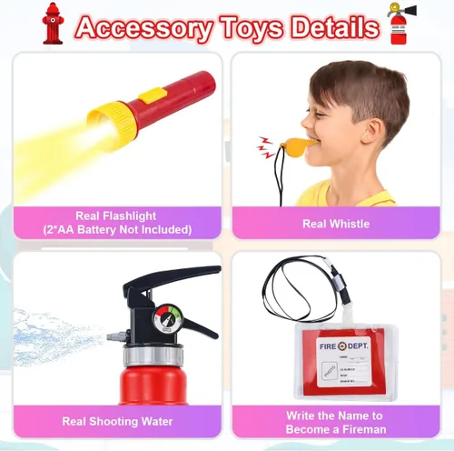 Vista 4 de Disfraz de bombero para niños, 10 piezas de disfraz de bombero con accesorios de juguete, juguetes de juego de rol de bombero, ropa de disfraz