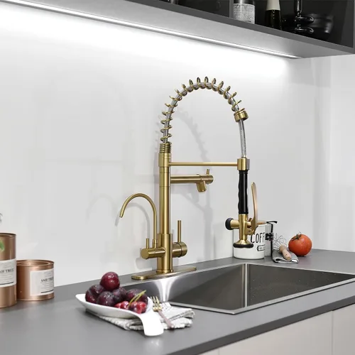 Vista 8 de Fapully Grifo de cocina comercial de oro cepillado con rociador desplegable