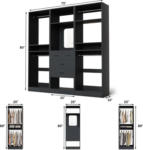 Vista 7 de Unikito Sistema de Armario Walk-in de 75 Pulgadas con 4 Cajones, Organizador de Armario de 6.3 Pies con Barras Colgantes y Diseño de Espejo, Armario