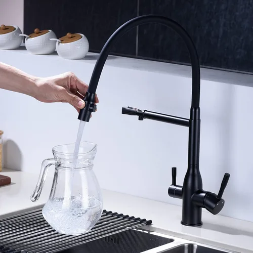 Vista 5 de TRUSTMI Grifo de cocina negro con rociador extraíble, acoplamiento magnético, un solo agujero, 2 asas, con boquilla de agua potable, negro mate