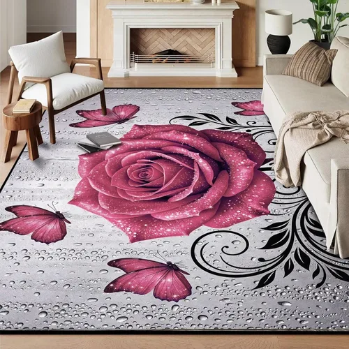 Vista 66 de Alfombras 3D de 3 x 5 pies, color rosa 3D, para dormitorio, lavandería, sala de estudio, alfombra realista de gotas de agua gris plateado 3d rosa 09