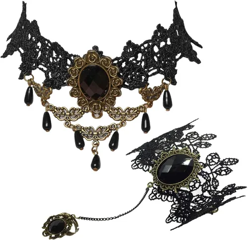 Vista 7 de Eigso Gargantilla de encaje retro estilo gótico vintage con colgante de cadena de cuentas, vampiro para mujer A2: negro