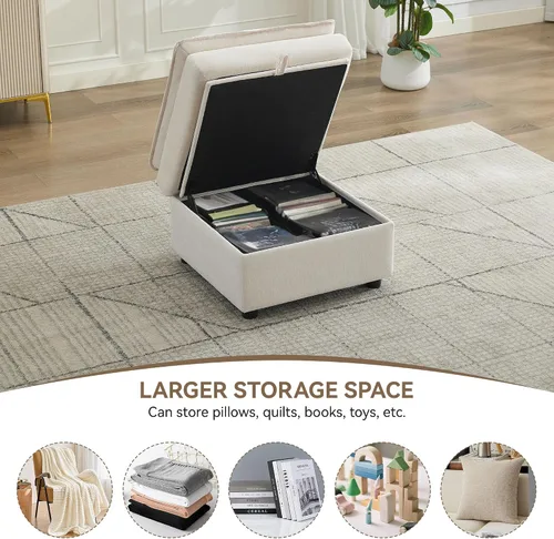 Vista 3 de Otomana cuadrada grande de 27 pulgadas con almacenamiento, reposapiés tapizado moderno con patas antideslizantes para sofá, mesa de café, sala