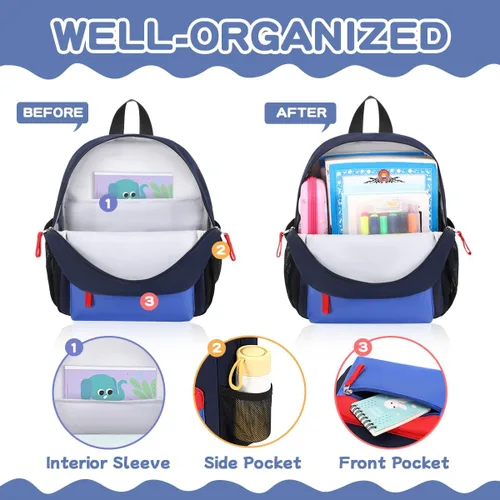 Vista 4 de BEEXS Mochila para niños pequeños, mochila preescolar para niños y niñas, mochila pequeña para jardín de infantes para 1-3 años, azul, azul marino