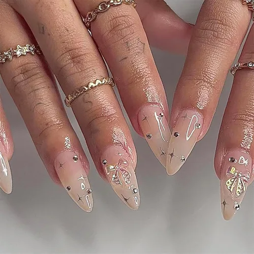 Vista 14 de Uñas postizas acrílicas artificiales con punta francesa en color nude con diseño de mariposa de cristal 3D y perla - Uñas de ataúd brillantes