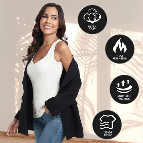 Vista 5 de WOWENY Camiseta sin mangas de forro polar térmico para mujer, sin mangas, cuello corazón, chaleco de invierno, ropa interior, camiseta cálida