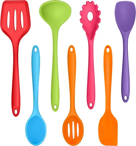 Vista 12 de TeamFar Juego de 7 utensilios de cocina de silicona, herramientas antiadherentes de cocina negras, espátula, cucharón, servidor de pasta