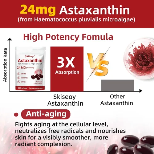 Vista 5 de Astaxantina 24 mg, suplementos antioxidantes de astaxantina premium con aceite MCT, Ashwagandha, apoya los ojos, la piel, inmune, circulación