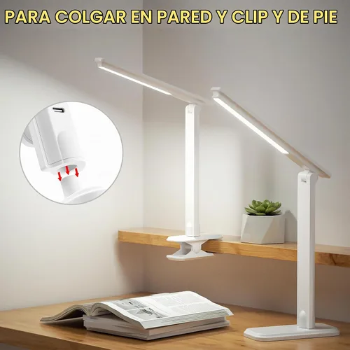 Vista 7 de Lámpara LED de escritorio, lámpara de mesa regulable, lámpara de lectura con clip y base intercambiables, 3 brillos regulables, pequeña lámpara