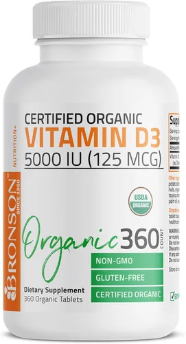 Vista 4 de Orgánico Vitamina D3 5000 IU, USDA Certificado, sin OMGs, Fabricado en Estados Unidos por Bronson laboratorios, 1
